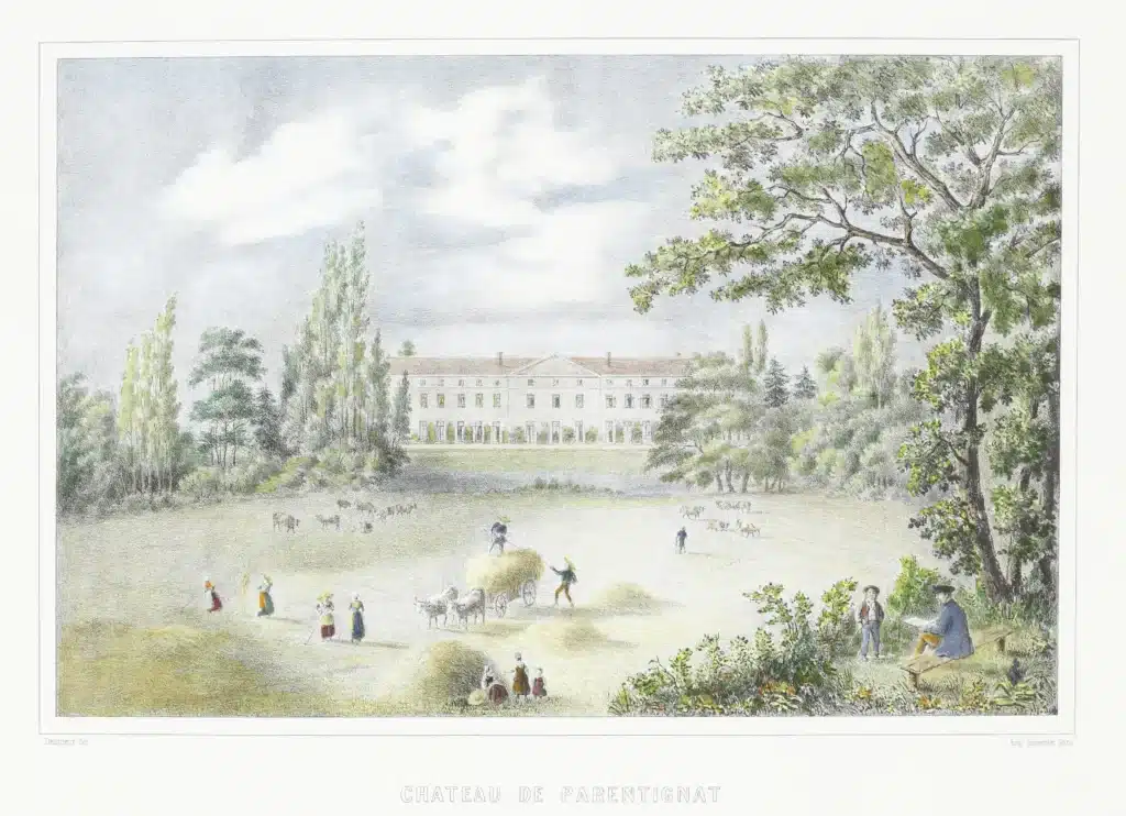 Char à foin attelé devant le château de Parentignat, tableau de Delorieux