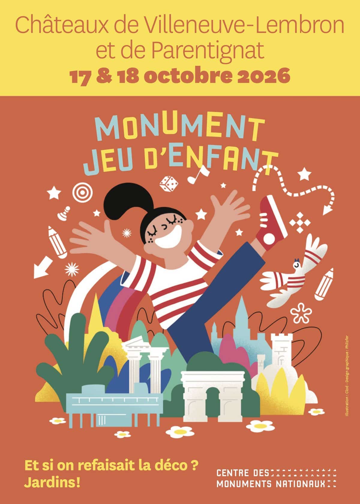 Affiche Monument Jeu d'Enfant 2026 — châteaux de Villeneuve-Lembron et de Parentignat, 17 et 18 octobre 2026
